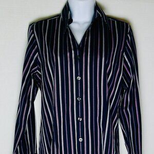 EDDIE BAUER WOMENS NAVY BLUE STRIPED BUTTON-DOWN LONG SLEEVE BLOUSE. SIZE MEDIUM